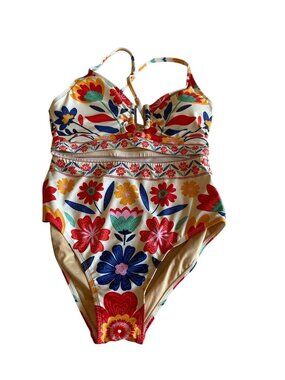 Floral High-Waisted Bikini Set With Adjustable Straps And Hygienic Liner Size M